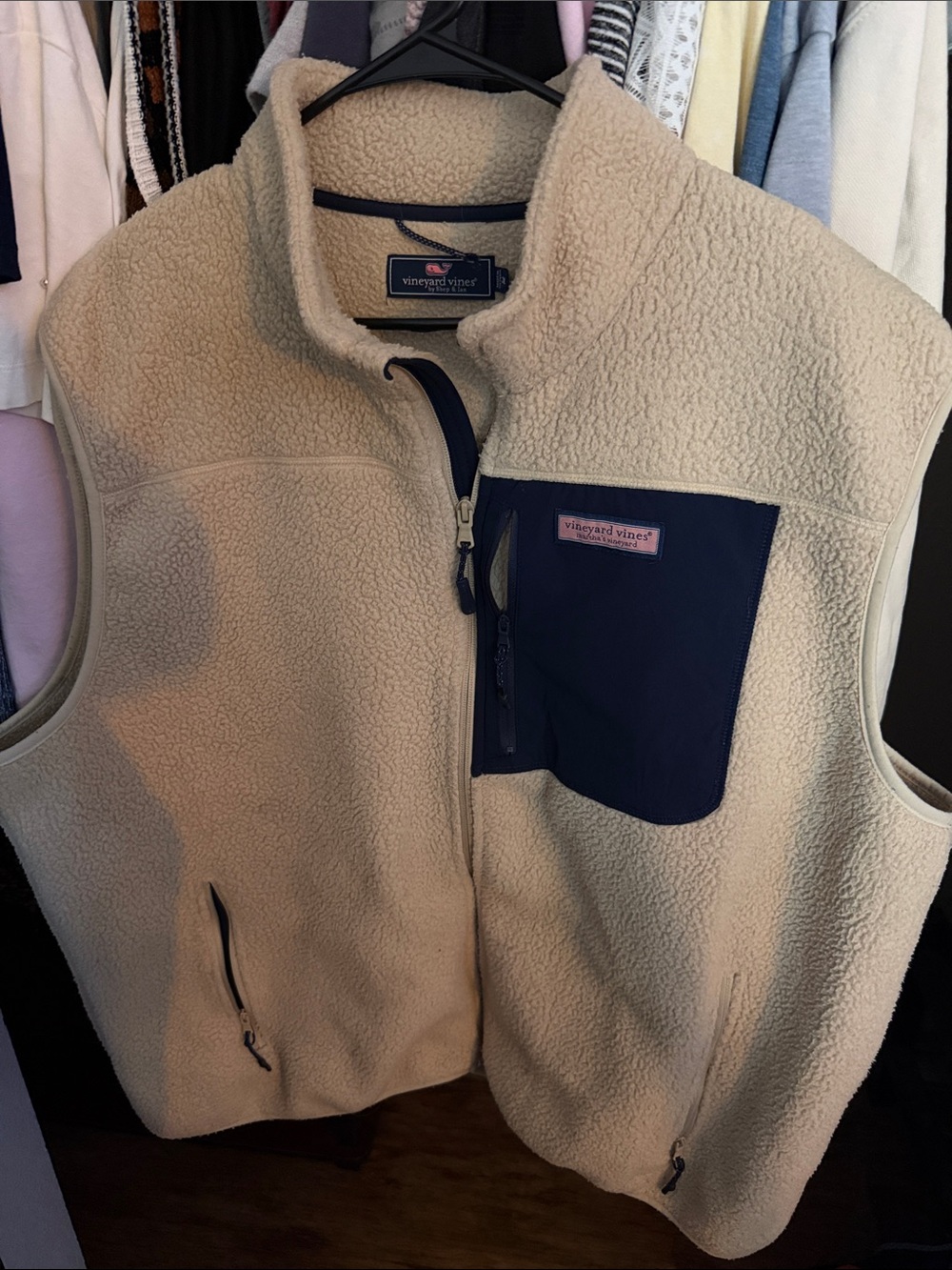 Vineyard Vines Cream Sherpa Vest with Navy Chest Pocket